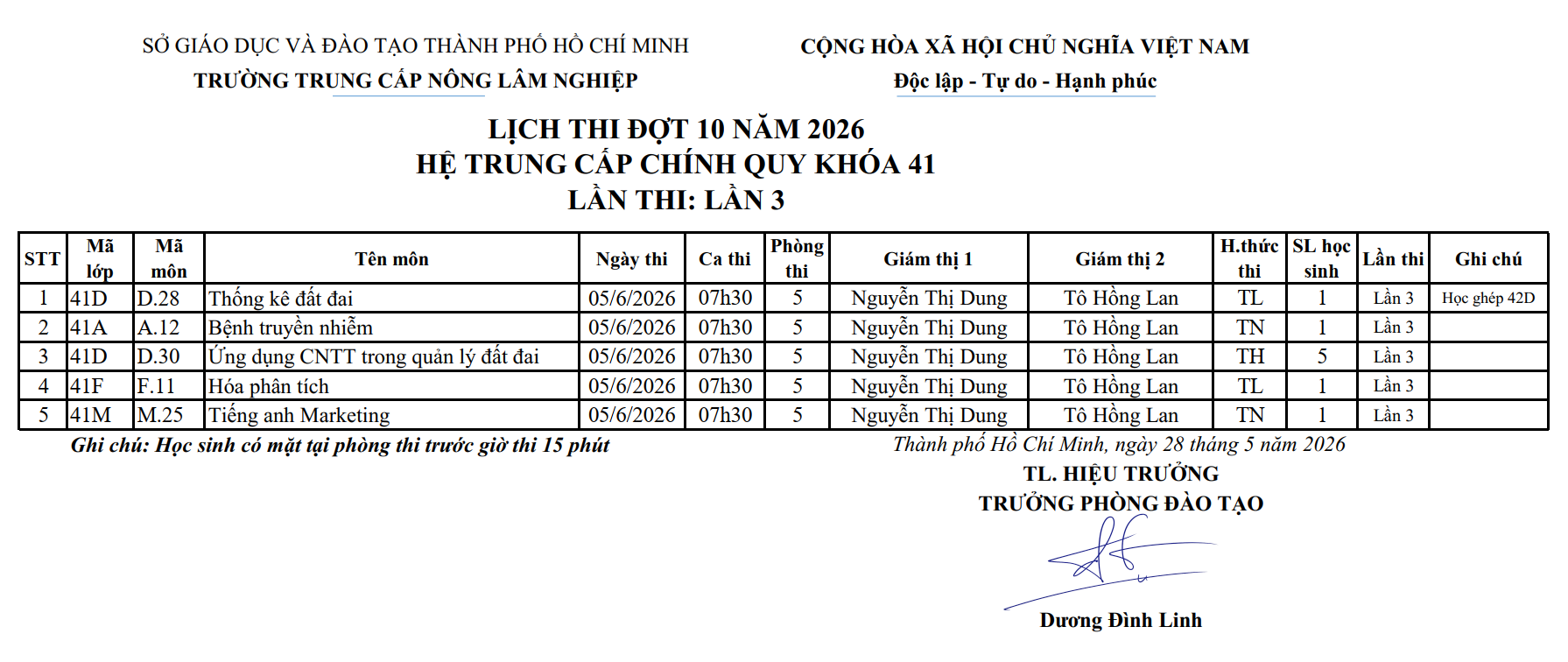 Lịch thi đợt 10 năm 2026, khóa 41, lần 3